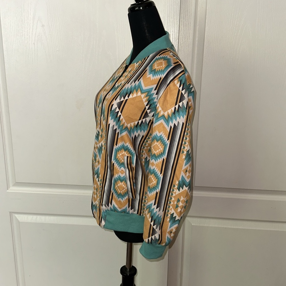 CRAZY TRAIN YELLOW & BLUE AZTEC GEOMETRIC WESTERN COUNTRY COWGIRL BOMBER JACKET - Picture 3 of 7